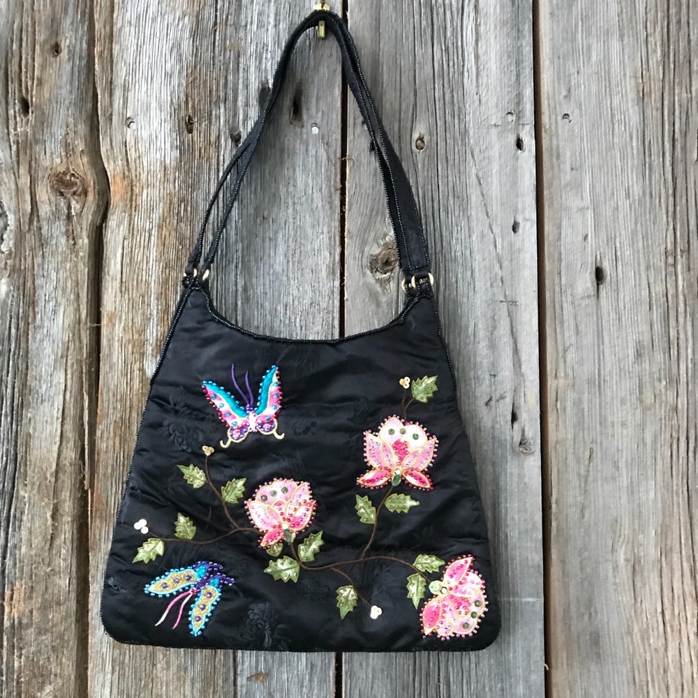 Black embroidered evening bag